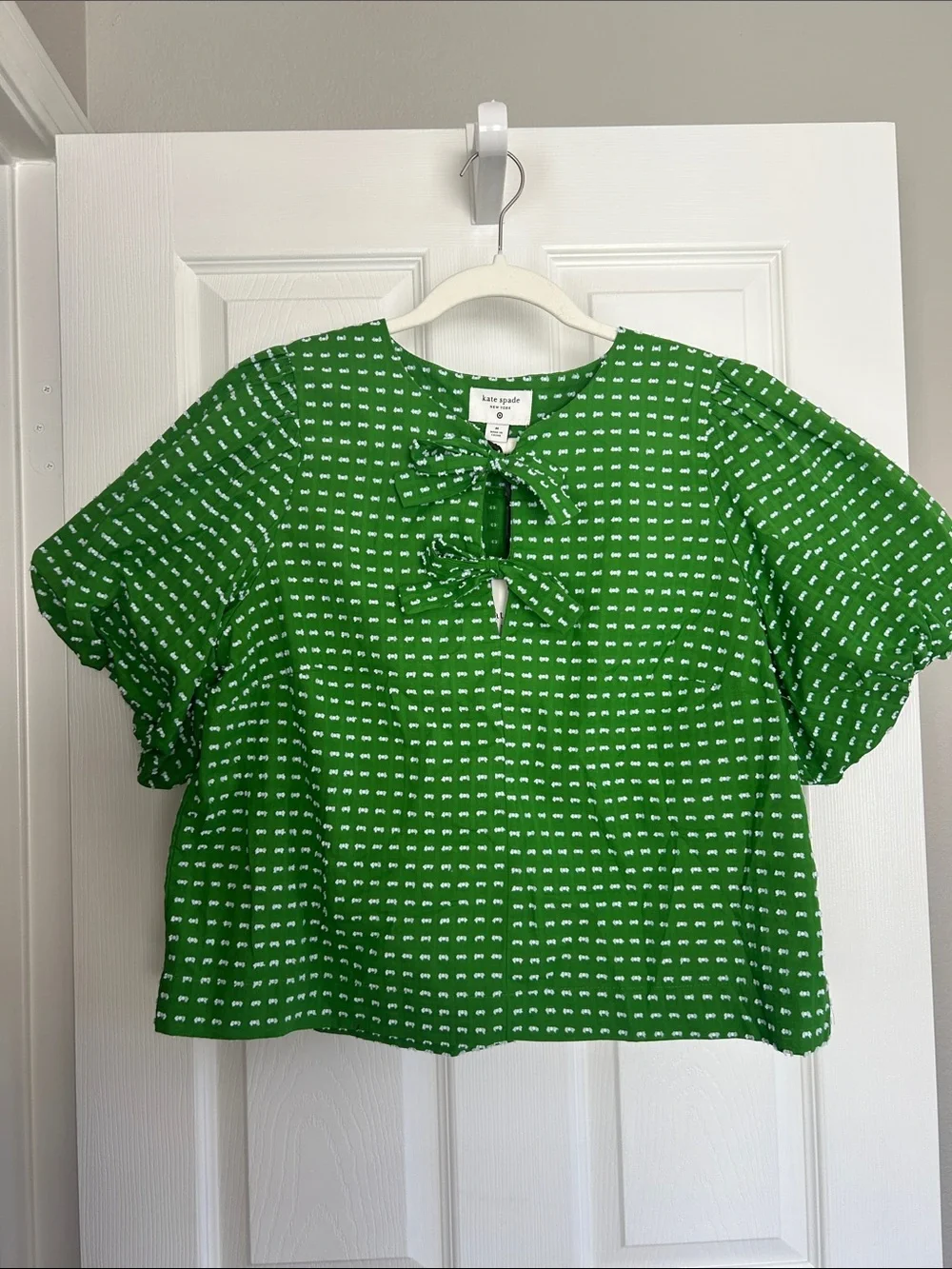 kate spade Green Short Sleeve Tie-Neck Micro-Print Blouse